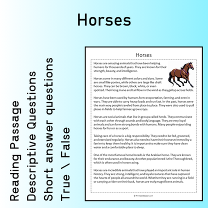 Horses | Reading Comprehension Passage Printable Worksheet
