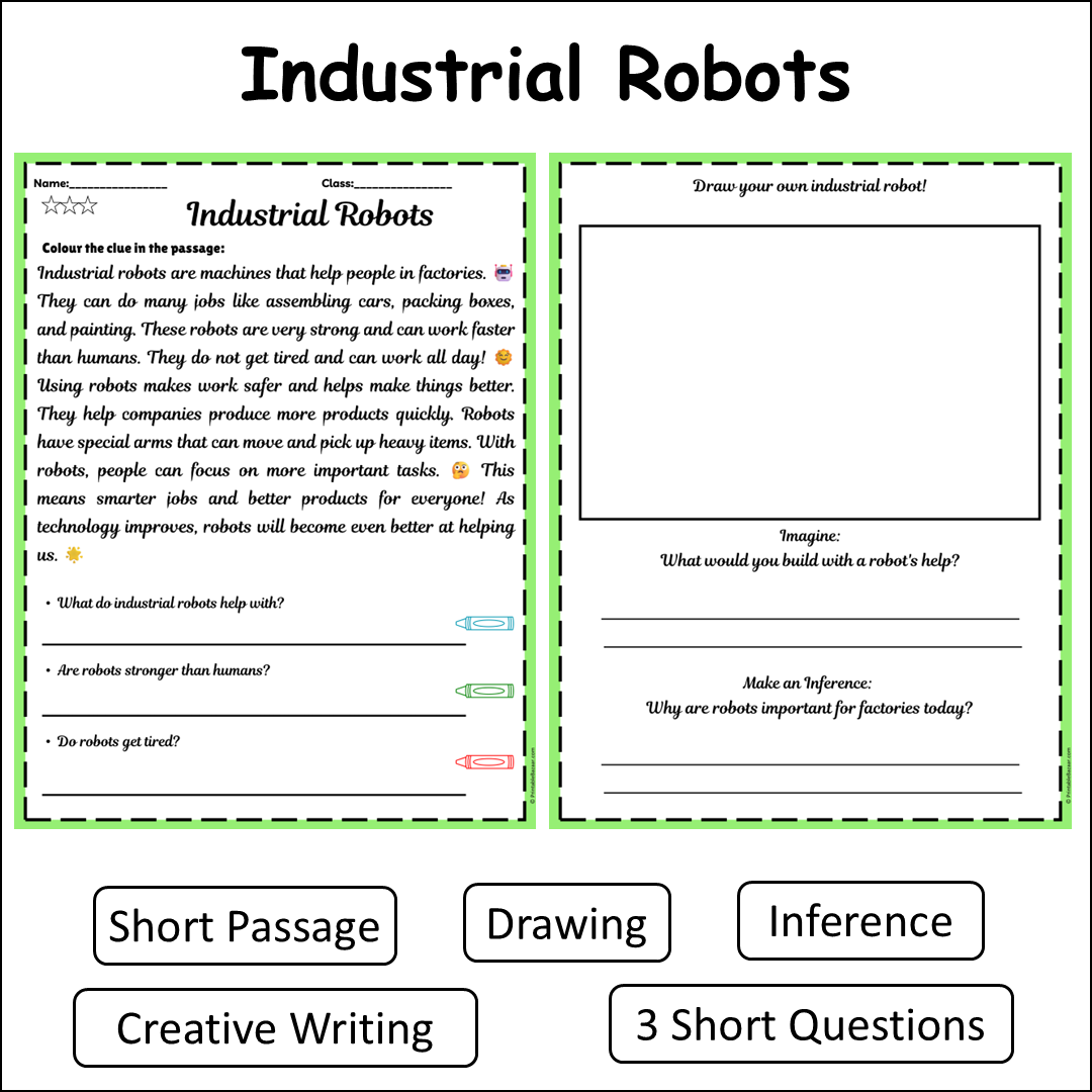 Industrial Robots | Short Reading Comprehension Creative Worksheet