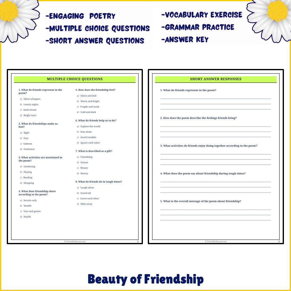 Beauty of Friendship | Poem Grammar Worksheet Printable Activity