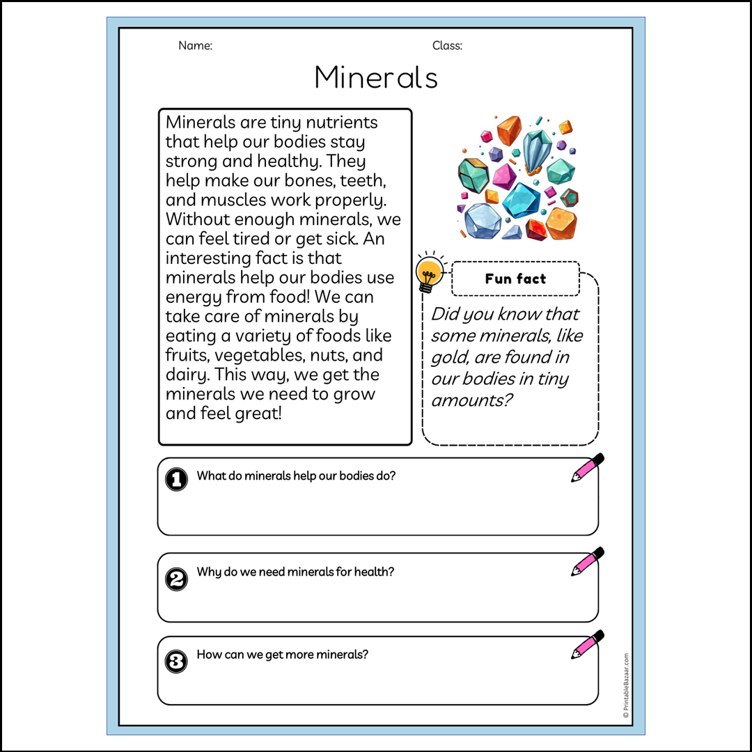 Minerals | Reading Passage Comprehension Questions Writing Facts Worksheet