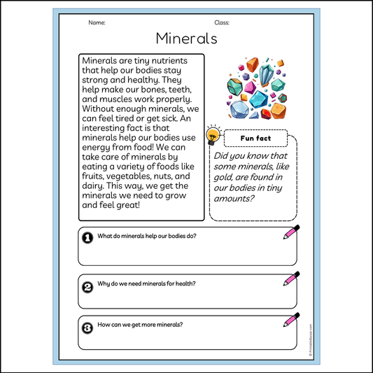 Minerals | Reading Passage Comprehension Questions Writing Facts Worksheet