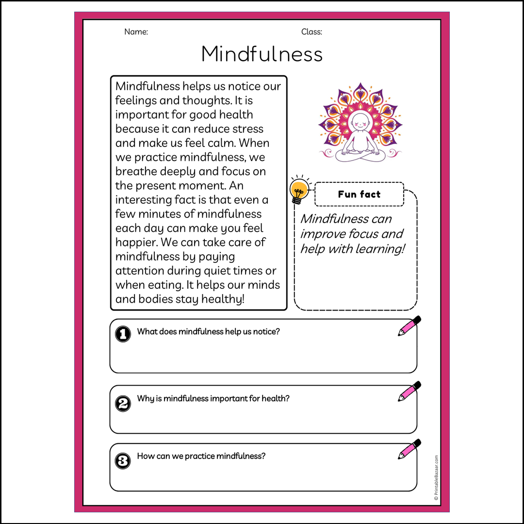 Mindfulness | Reading Passage Comprehension Questions Writing Facts Worksheet