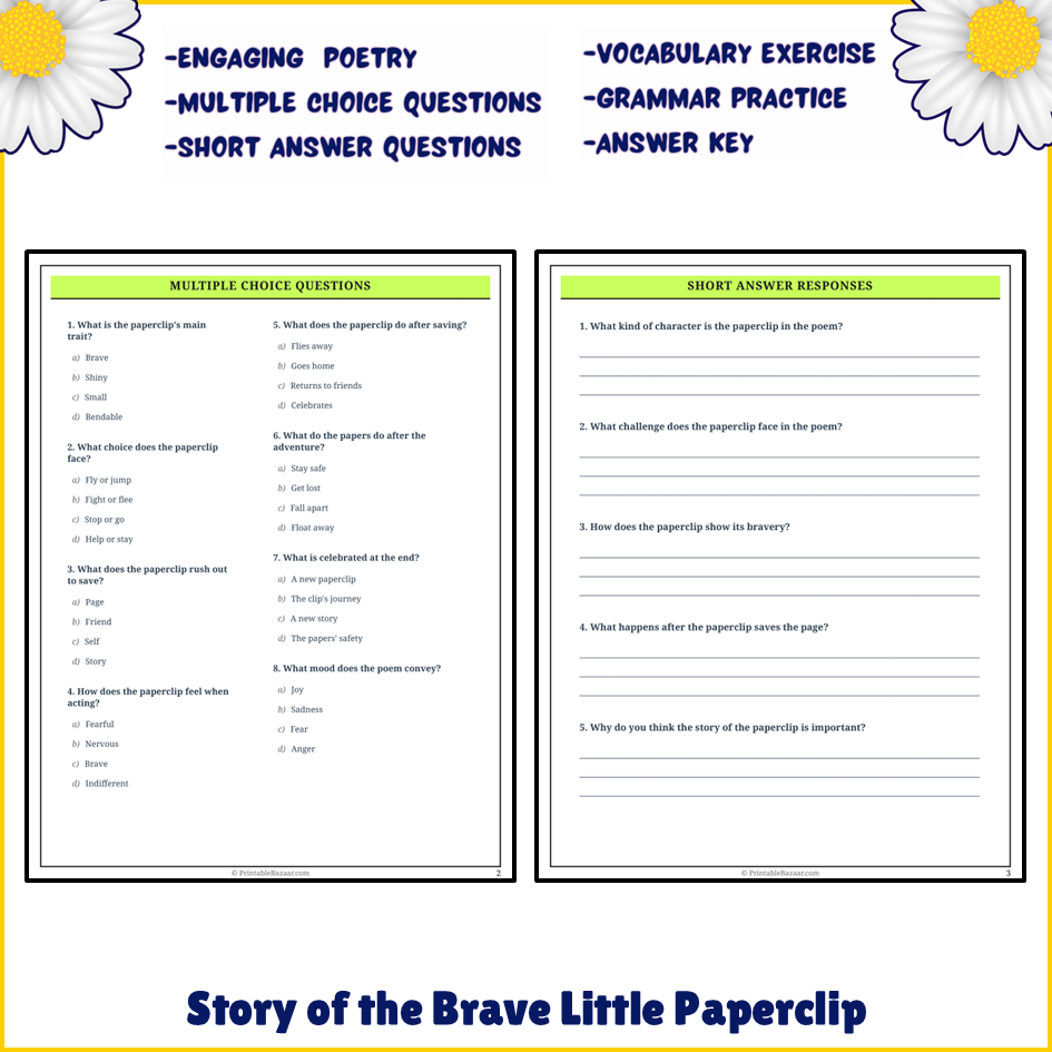 Story of the Brave Little Paperclip | Poem Grammar Worksheet Printable Activity