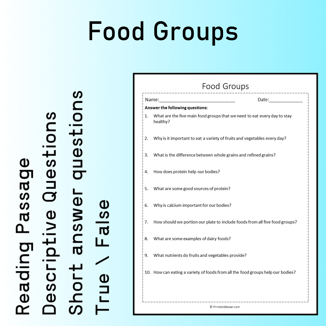 Food Groups | Reading Comprehension Passage Printable Worksheet