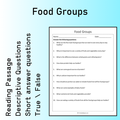 Food Groups | Reading Comprehension Passage Printable Worksheet