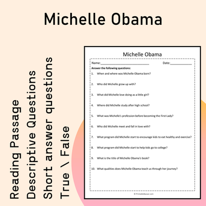 Michelle Obama | Reading Comprehension Passage Printable Activity
