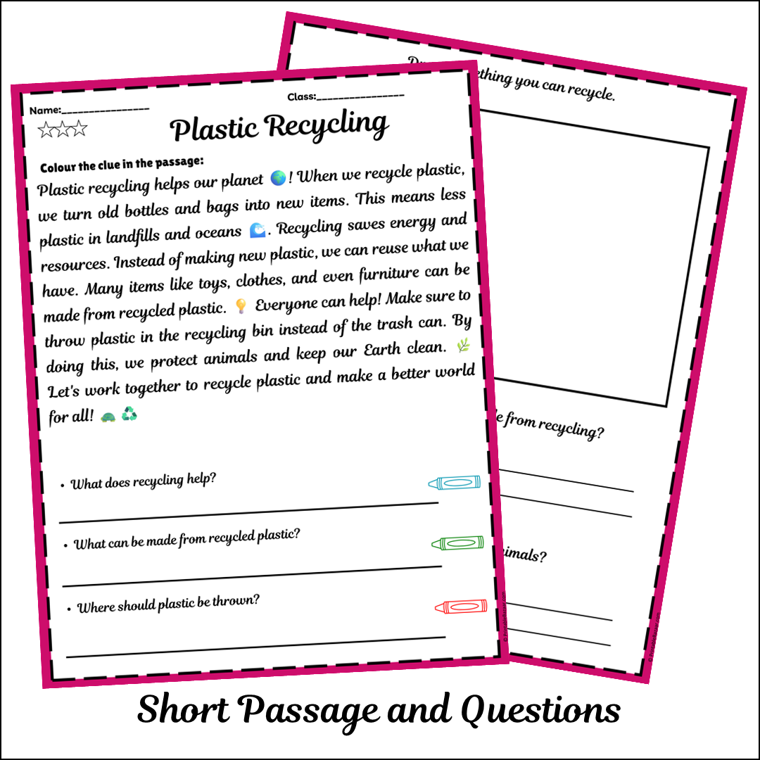 Plastic Recycling | Short Reading Comprehension Creative Worksheet