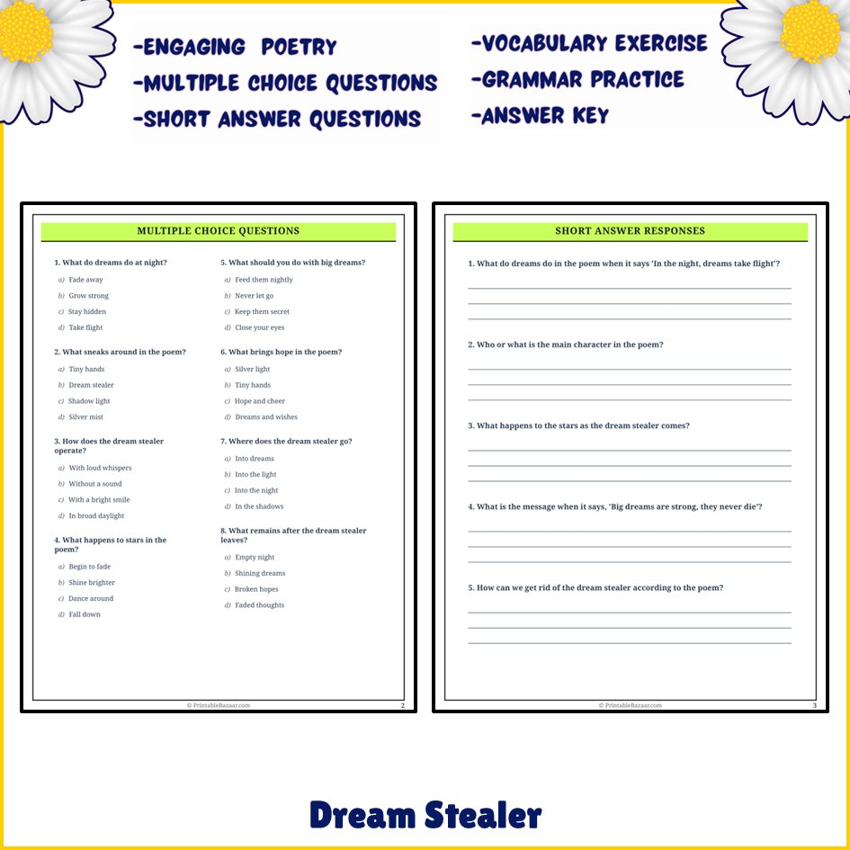 Dream Stealer | Poem Grammar Worksheet Printable Activity