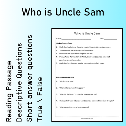 Who is Uncle Sam | Reading Comprehension Passage Printable Worksheet