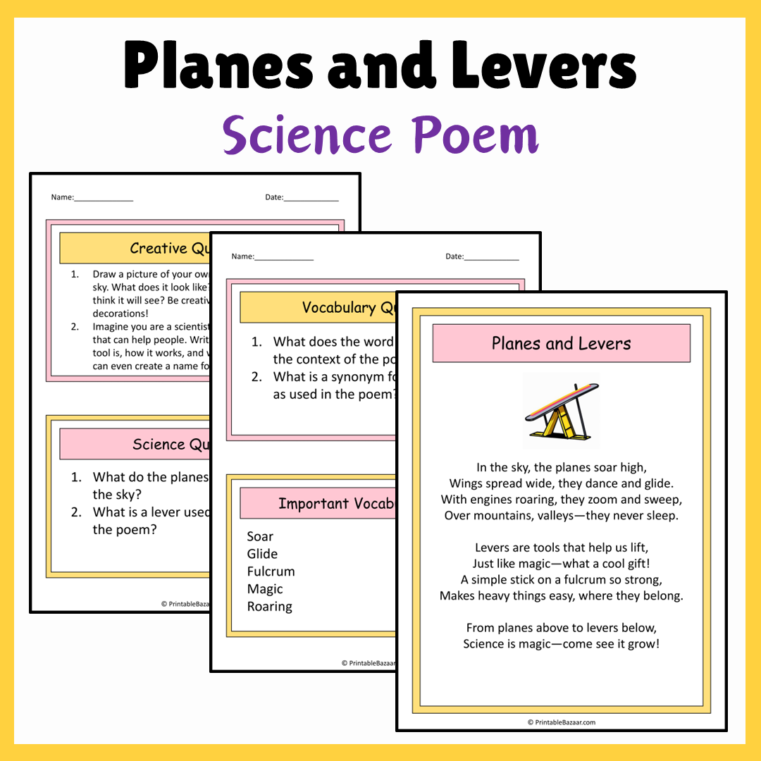 Planes and Levers | Science Poem Reading Comprehension Activity