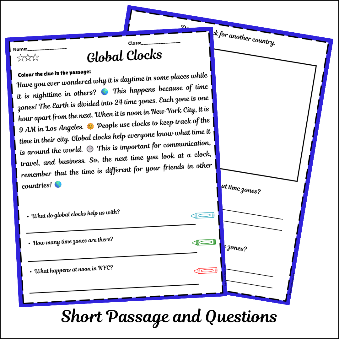 Global Clocks | Short Reading Comprehension Creative Worksheet