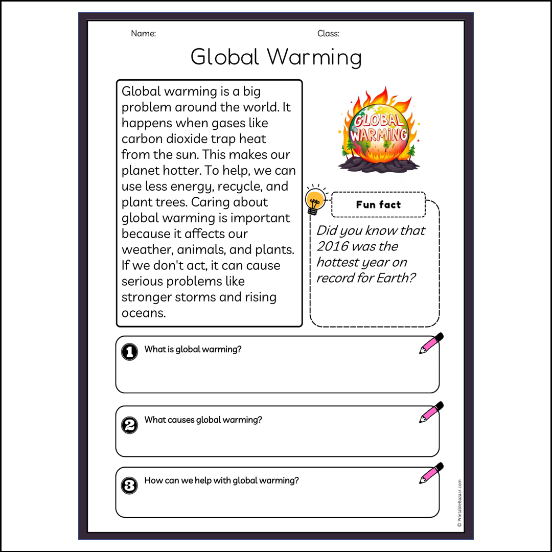 Global Warming | Reading Passage Comprehension Questions Writing Facts Worksheet