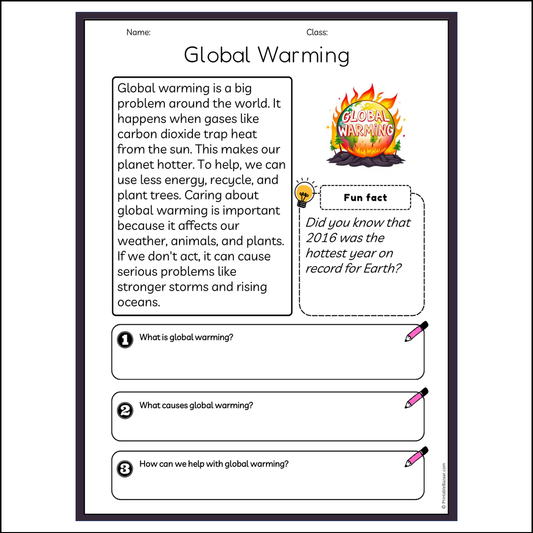 Global Warming | Reading Passage Comprehension Questions Writing Facts Worksheet