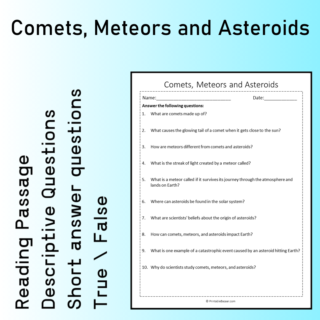 Comets, Meteors and Asteroids | Reading Comprehension Passage Printable Worksheet