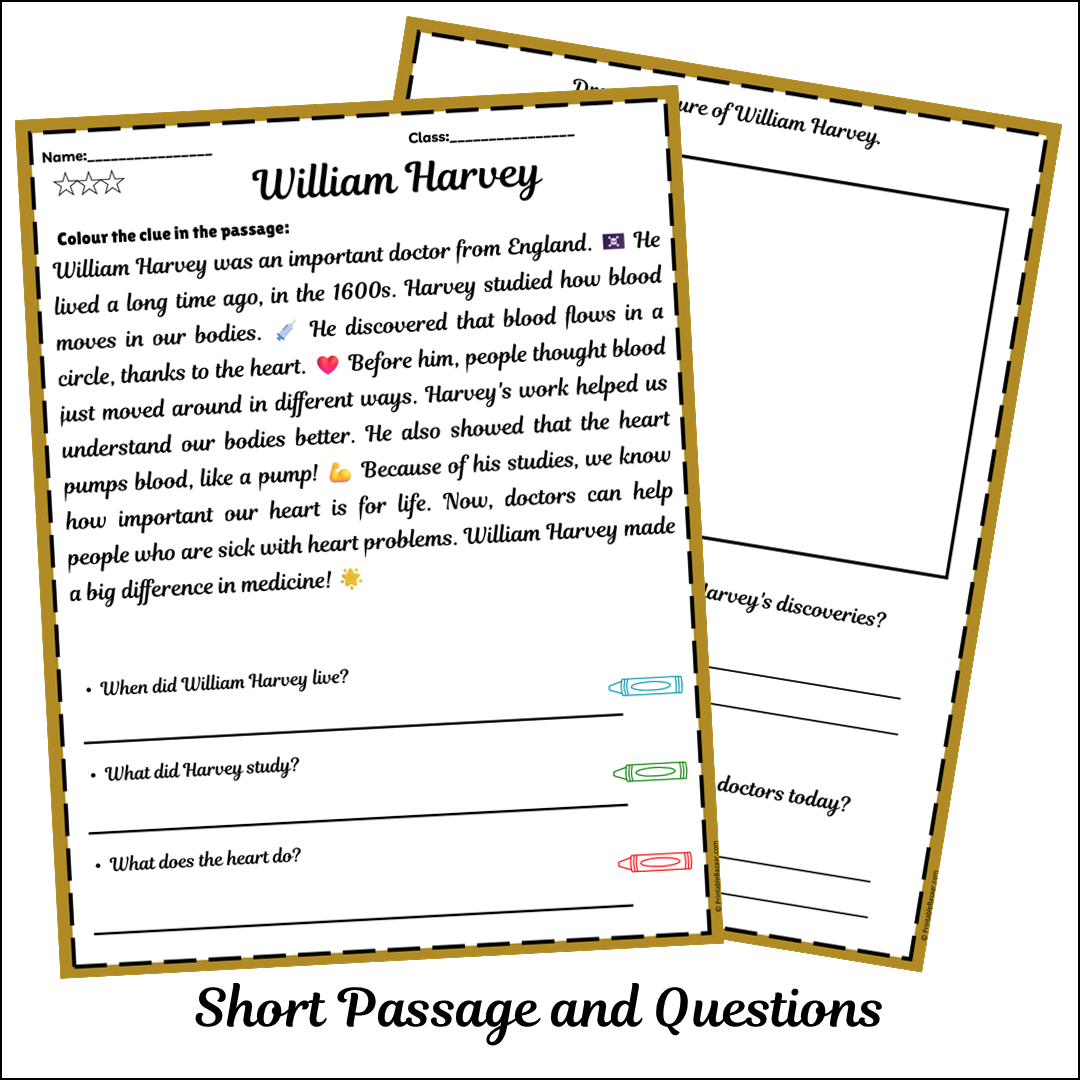 William Harvey | Short Reading Comprehension Creative Worksheet