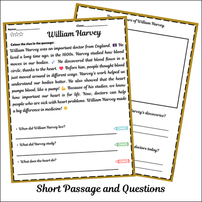 William Harvey | Short Reading Comprehension Creative Worksheet