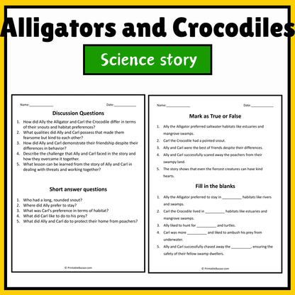 Alligators and Crocodiles | Science Story Reading Comprehension Activity
