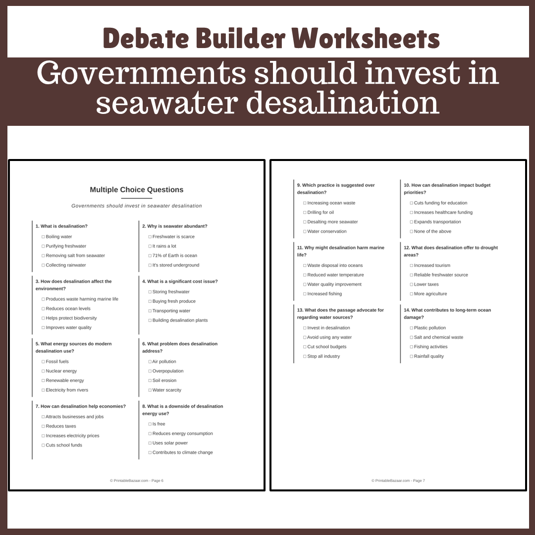 Governments should invest in seawater desalination | Favour and Against Worksheet Printable Activity