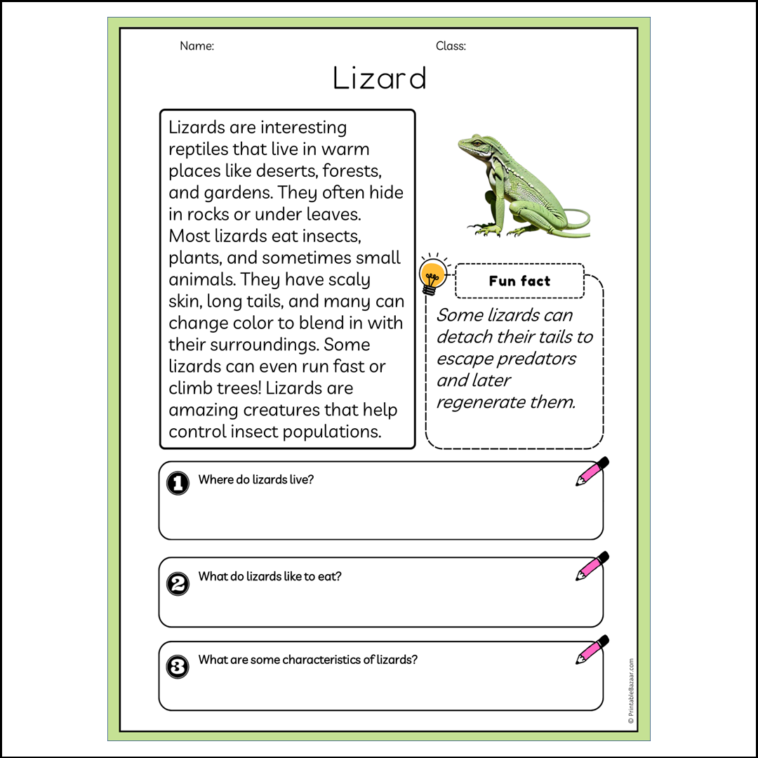 Lizard | Reading Passage Comprehension Questions Writing Facts Worksheet