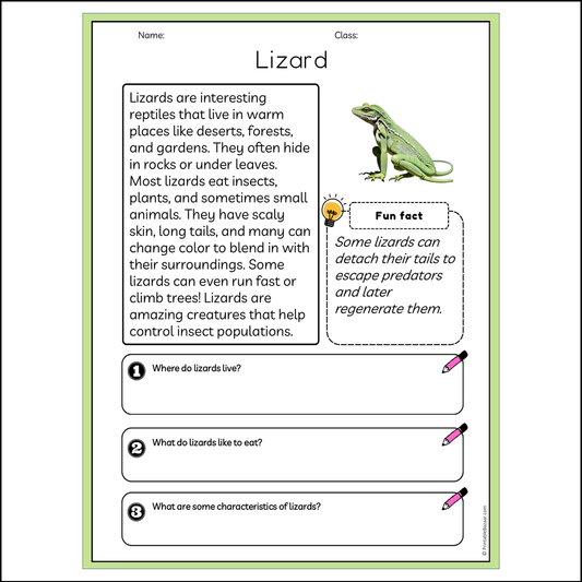 Lizard | Reading Passage Comprehension Questions Writing Facts Worksheet