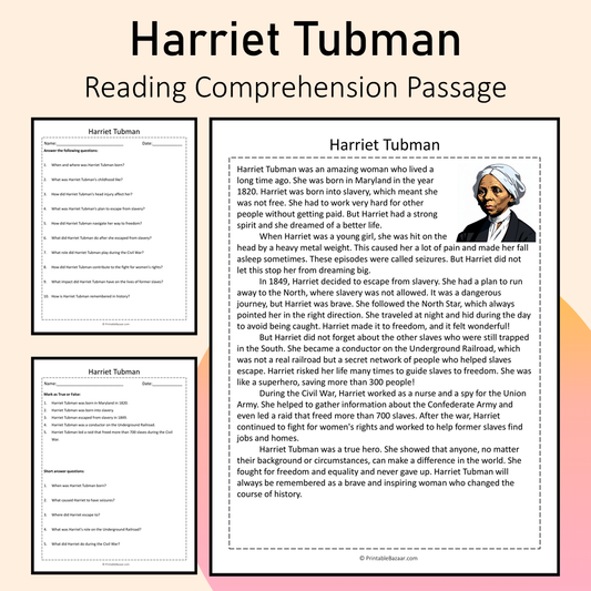 Harriet Tubman | Reading Comprehension Passage Printable Activity