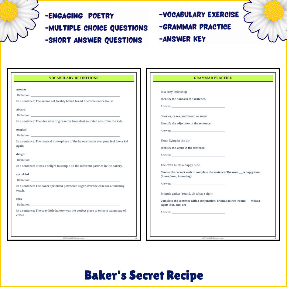 Baker's Secret Recipe | Poem Grammar Worksheet Printable Activity