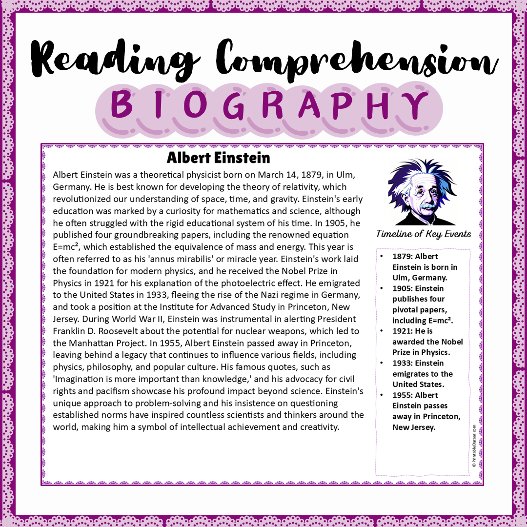 Albert Einstein | Biography Reading Comprehension and Questions Worksheet