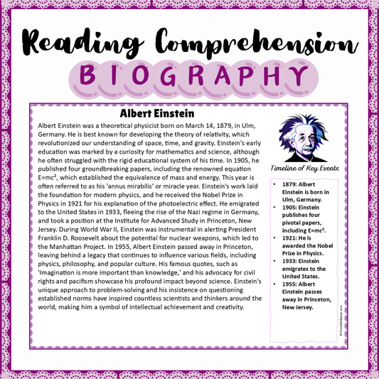 Albert Einstein | Biography Reading Comprehension and Questions Worksheet