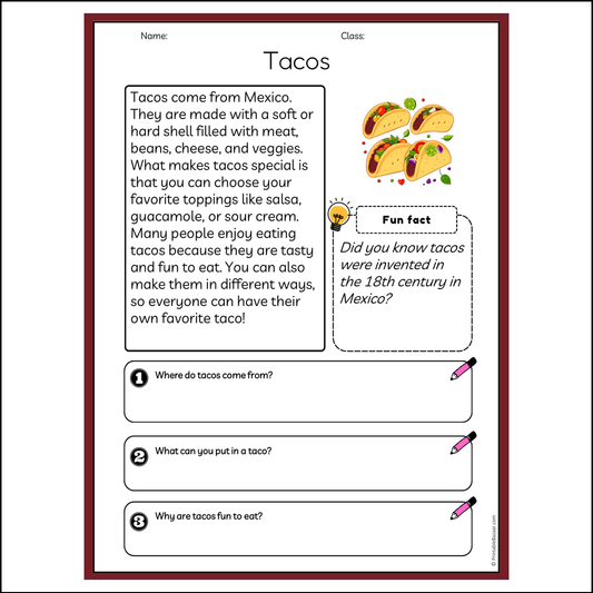 Tacos | Reading Passage Comprehension Questions Writing Facts Worksheet