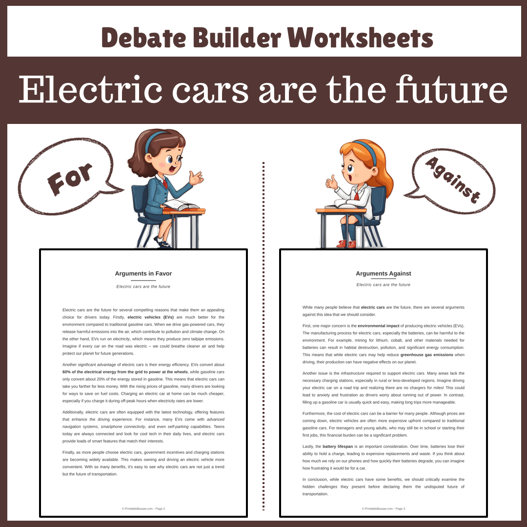 Electric cars are the future | Favour and Against Worksheet Printable Activity