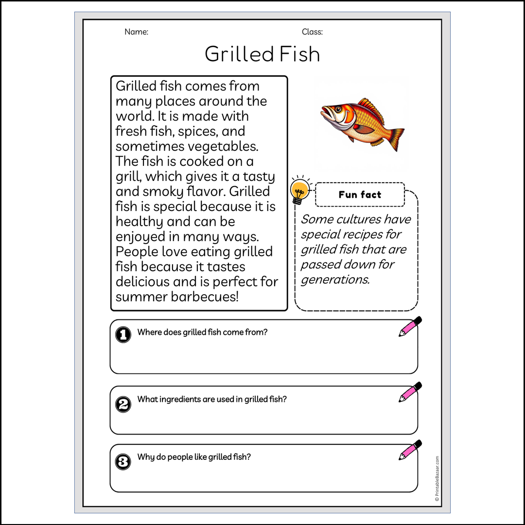 Grilled Fish | Reading Passage Comprehension Questions Writing Facts Worksheet