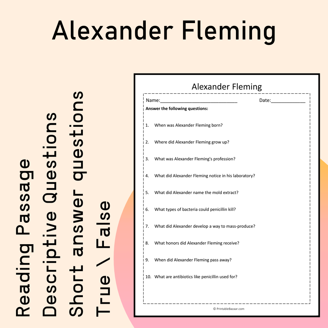 Alexander Fleming | Reading Comprehension Passage Printable Activity
