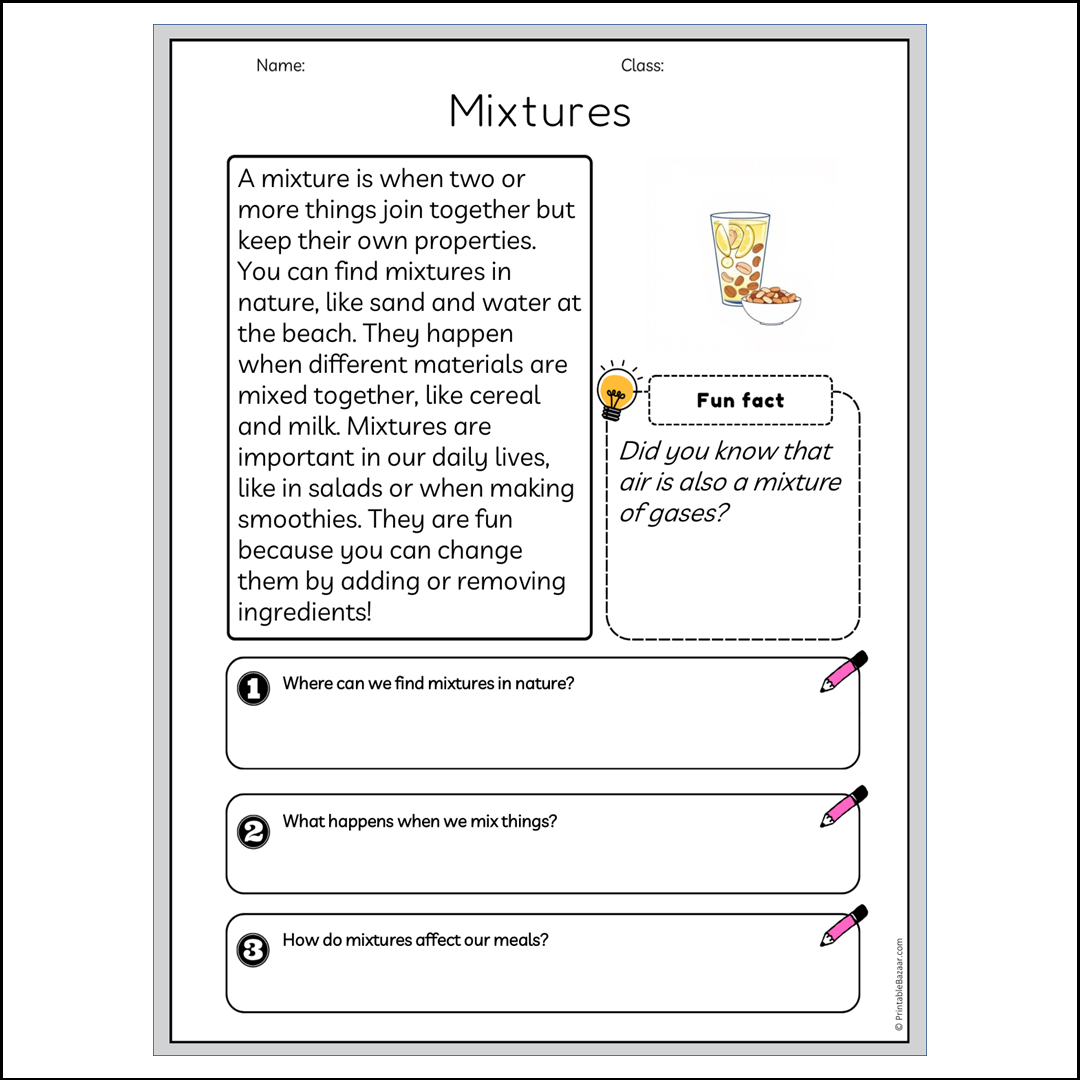 Mixtures | Reading Passage Comprehension Questions Writing Facts Worksheet