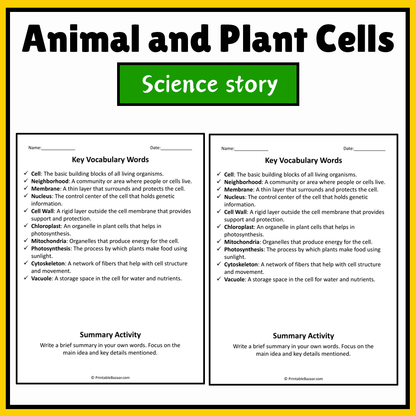 Animal and Plant Cells | Science Story Reading Comprehension Activity
