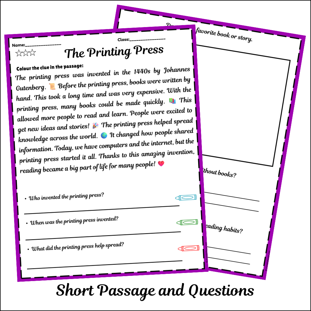 The Printing Press | Short Reading Comprehension Creative Worksheet