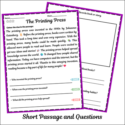 The Printing Press | Short Reading Comprehension Creative Worksheet