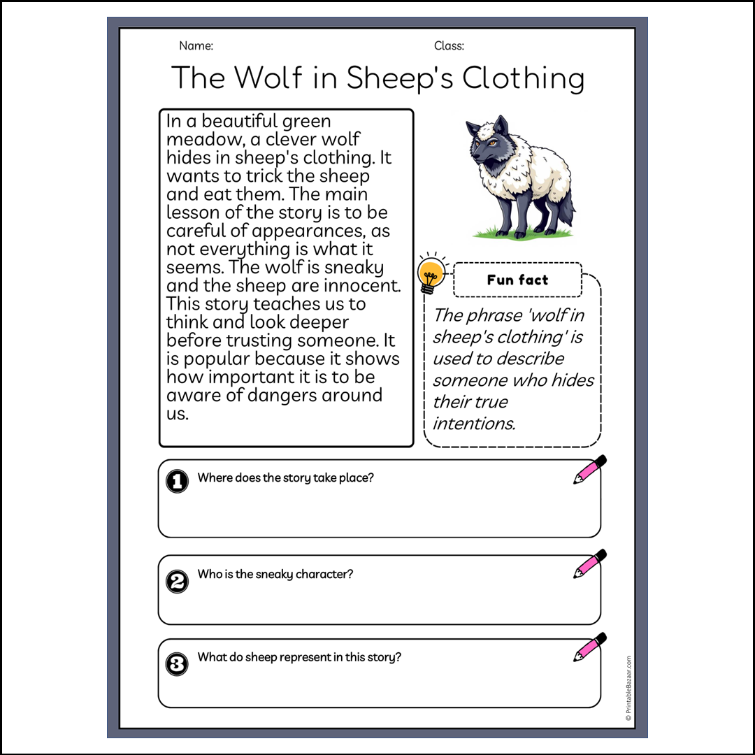 The Wolf in Sheep's Clothing | Reading Passage Comprehension Questions Writing Facts Worksheet
