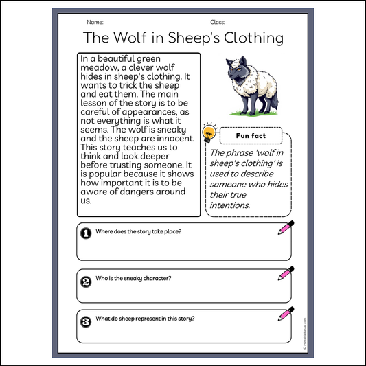 The Wolf in Sheep's Clothing | Reading Passage Comprehension Questions Writing Facts Worksheet