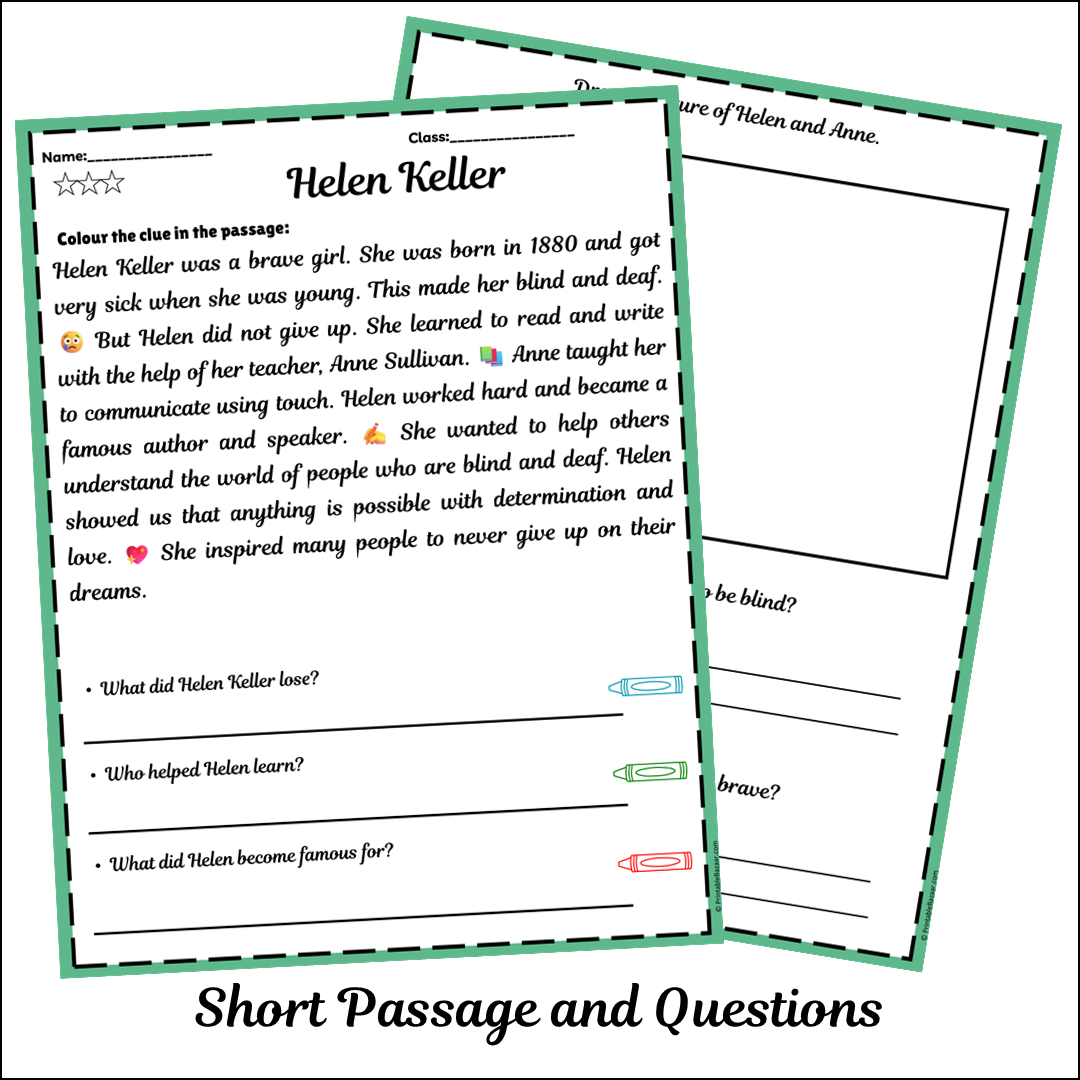 Helen Keller | Short Reading Comprehension Creative Worksheet