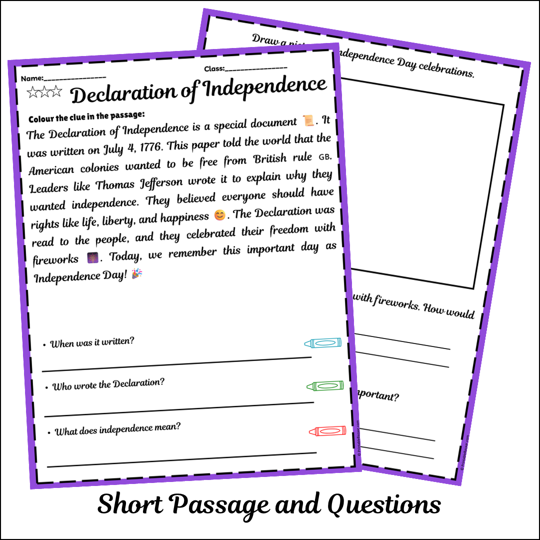 Declaration of Independence | Short Reading Comprehension Creative Worksheet