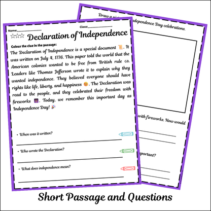 Declaration of Independence | Short Reading Comprehension Creative Worksheet