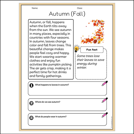 Autumn (Fall) | Reading Passage Comprehension Questions Writing Facts Worksheet