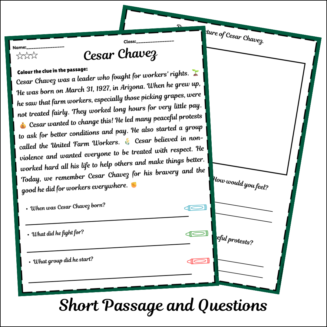 Cesar Chavez | Short Reading Comprehension Creative Worksheet