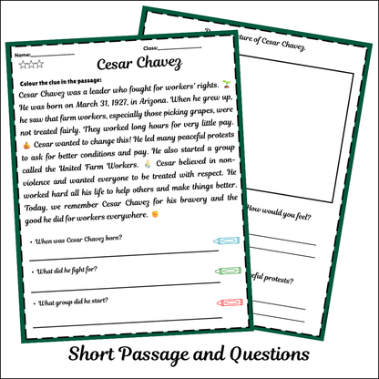 Cesar Chavez | Short Reading Comprehension Creative Worksheet