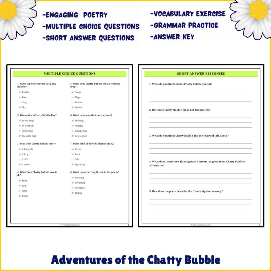 Adventures of the Chatty Bubble | Poem Grammar Worksheet Printable Activity