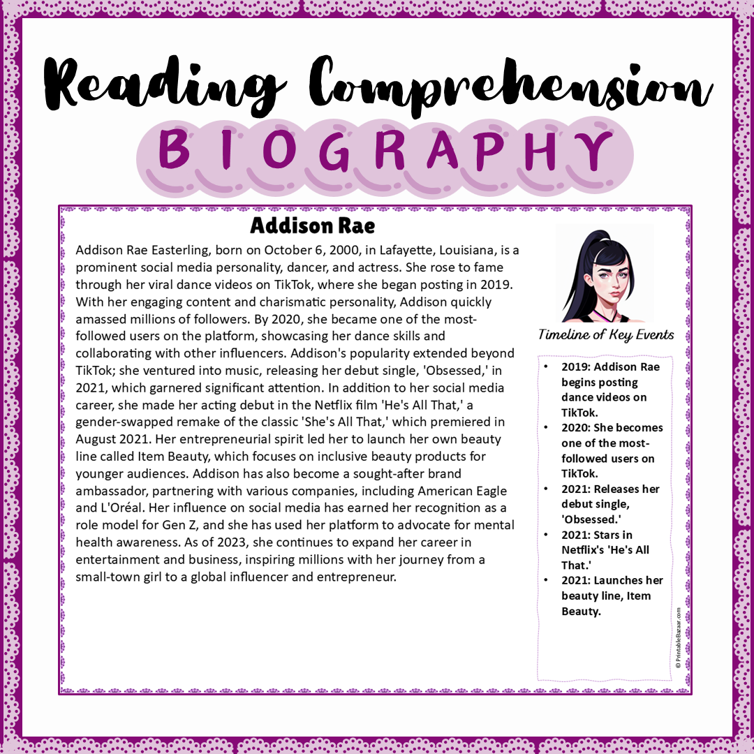 Addison Rae | Biography Reading Comprehension and Questions Worksheet