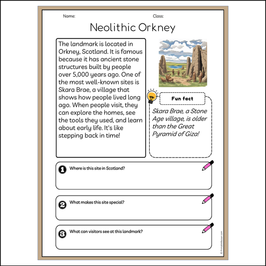 Neolithic Orkney | Reading Passage Comprehension Questions Writing Facts Worksheet