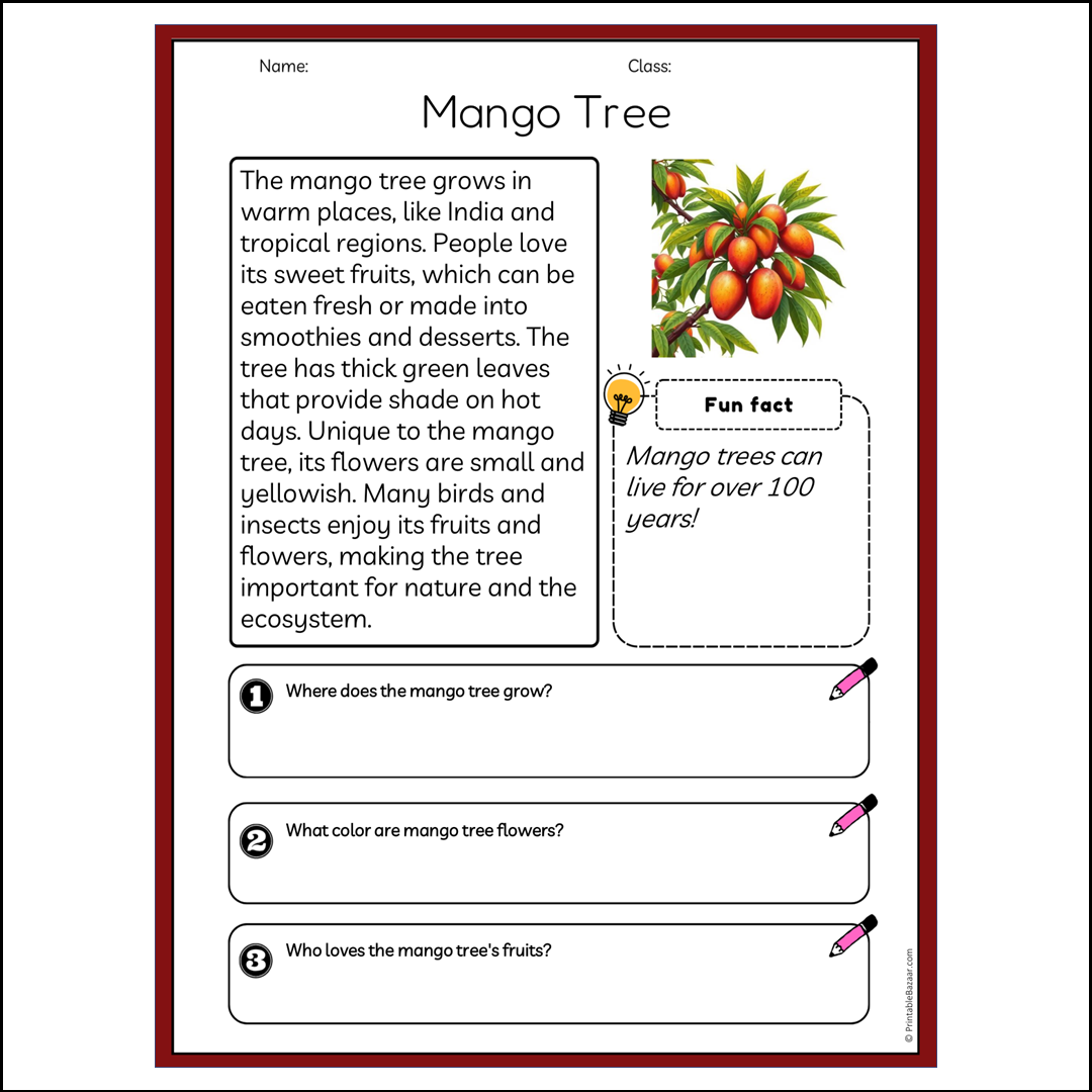 Mango Tree | Reading Passage Comprehension Questions Writing Facts Worksheet