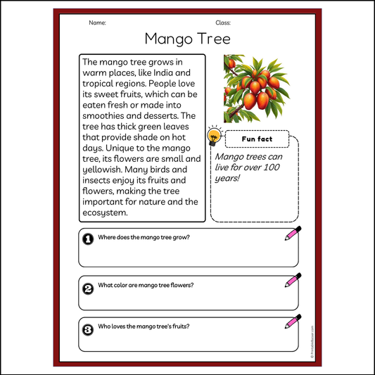 Mango Tree | Reading Passage Comprehension Questions Writing Facts Worksheet