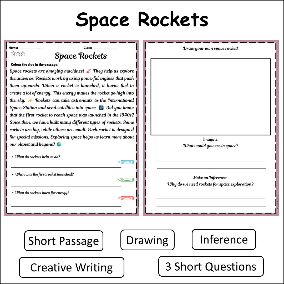 Space Rockets | Short Reading Comprehension Creative Worksheet